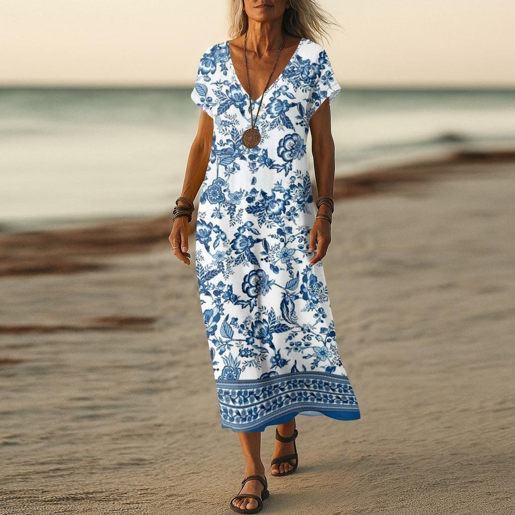 Летнее платье Женское длинное платье бохо для пляжа Элегантное платье макси V-образный вырез Короткий рукав Летнее платье-туника Легкое воздушное