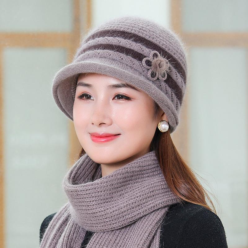 Шапка для пожилой матери среднего возраста с осенне-зимним темпераментом, модная простая шапка из меха кролика с толстым бархатным шарфом в комплекте