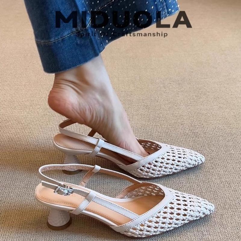 Мода 2025 Летняя обувь Скелетонизированные Модные Кожа Ткань Средний каблук Женские Сандалии Французский Квадратный носок Плетеные Сандалии на высоком каблуке