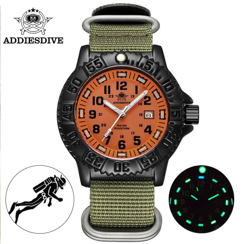 ADDIESDIVE Luxury Men Quartz Watch Military Outdoor Luminous Tube Watch Stainless Steel Nylon Strap 50 M Waterproof Sports Watch