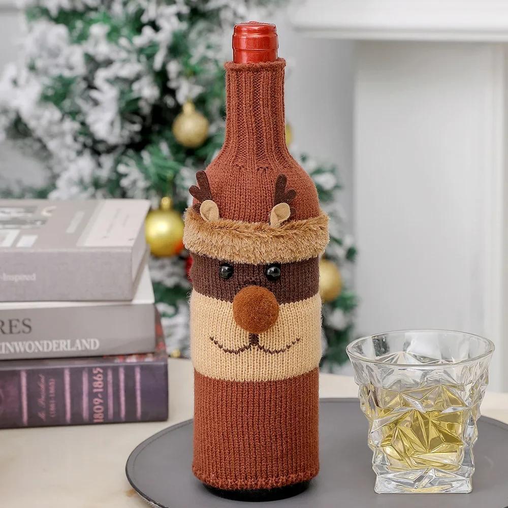 Christmas Wine Bottle Cover Set of 2 Knitted Santa Elk Snowman Cloth Bags for Red Wine Champagne Merry Christmas Happy New Year Decor