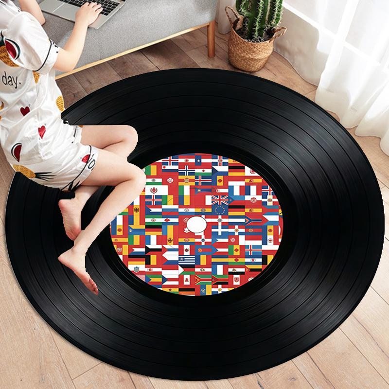 Record Texture Flag Magic Round Area Rug,Carpet Rug for Living Room Bedroom Sofa Playroom Decor,Non-slip Floor Mat