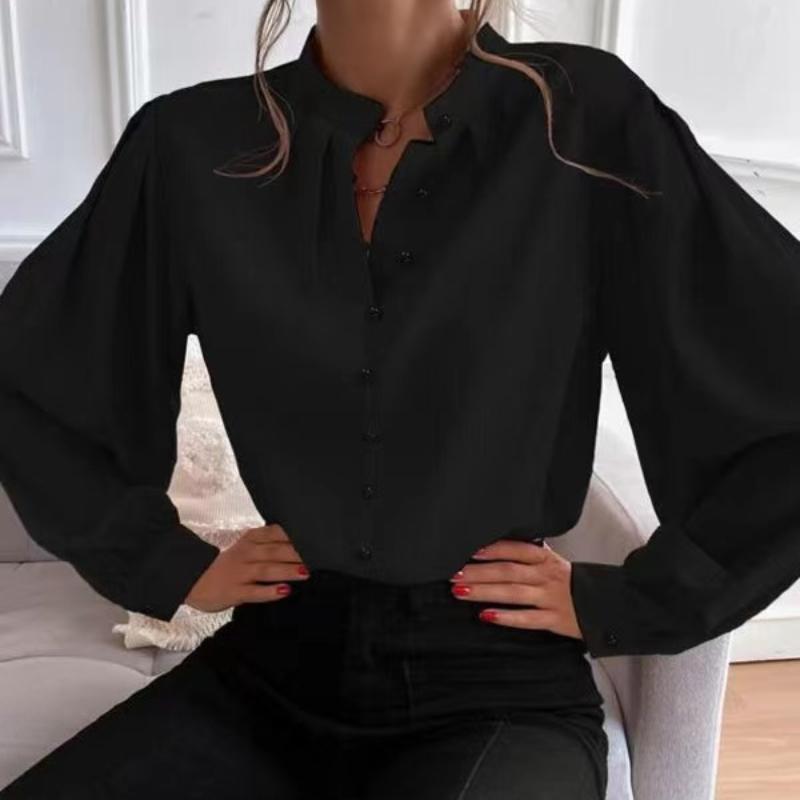 Women's Shirt Elegant Solid Color Lapel Long Sleeved Single Row Button Loose Women's Top