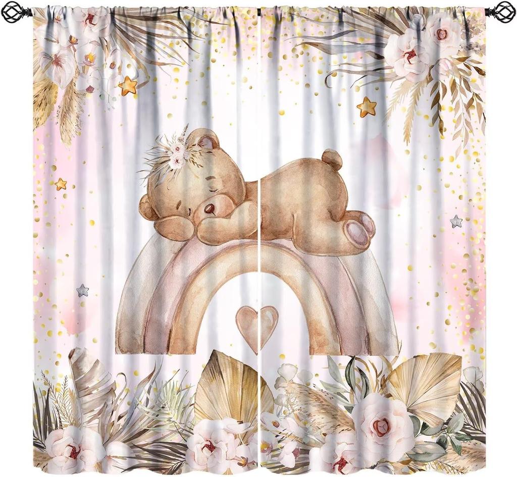 Cartoon Blue Bear Curta For Boys,Watercolor Little Cute Animal Aircrafts Hot Air Balloons Rainbow Window Drapes For Baby Boys
