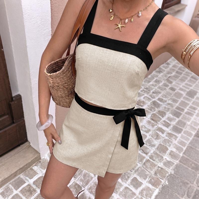 Women Casual Color Block Sleeveless Crop Vest Bow Mini Skirt Two Piece Summer Outfit