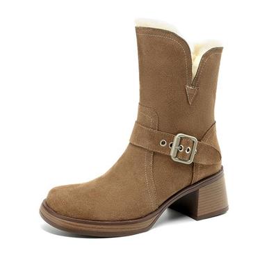 Нубук Коровья замша Шерсть Сохраняют тепло Осенне-зимняя обувь Массивные каблуки Размер 42 Круглый носок Слипоны Меховые ботильоны