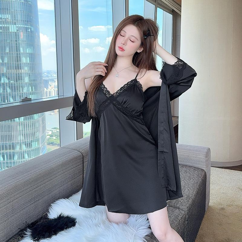 Ice and snow silk hanging skirt (with chest pad) women's pajamas, sexy thin suspender skirt, nightgown, two-piece set of pure desire