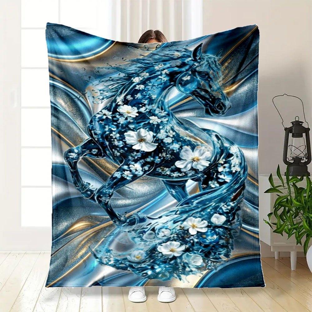 Blue Floral Horse Wall Art Decor - Modern Abstract Animal Painting for Living Room Bedroom OfficeBlanket Flannel Throw Blanket for Sofa, Bed