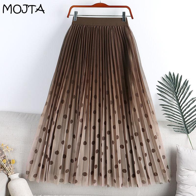 MOJTA Mid-length Skirt Spring Summer Women's Pleated Elastic Dots High Waist Skirt A-line Long Skirt