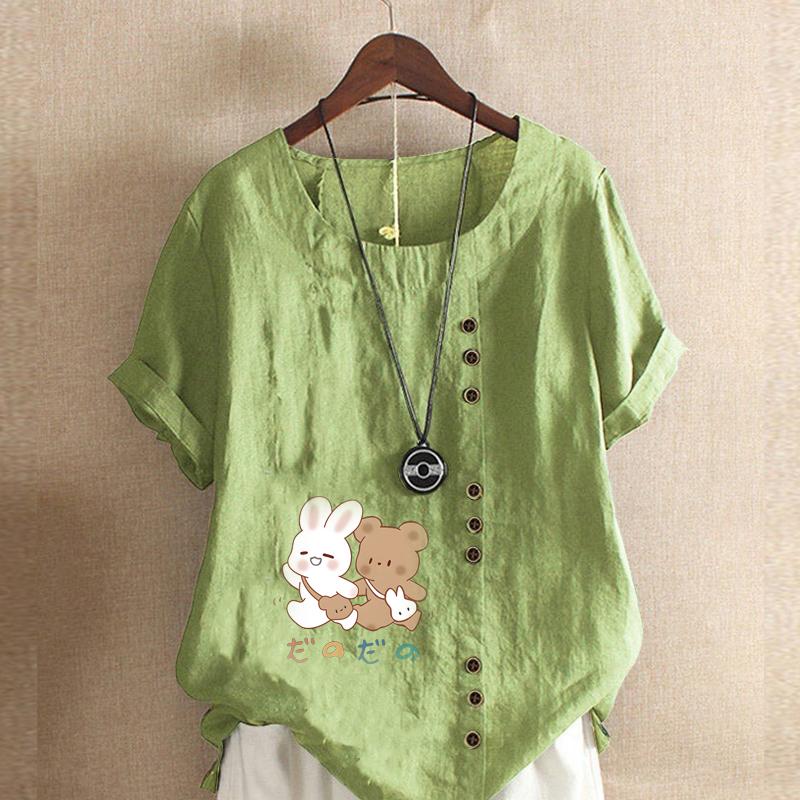 Женская новая модная льняная рубашка с круглым вырезом и коротким рукавом, с принтом кролика и медведя, летняя женская повседневная блузка больших размеров, топы