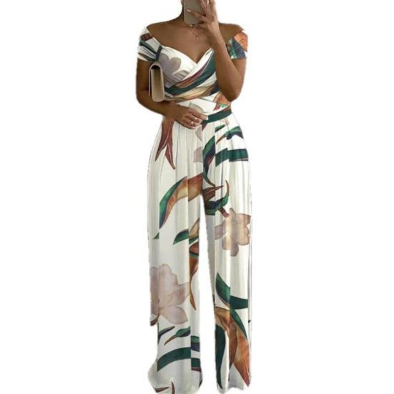 Summer Fashion Printed Wide Leg Jumpsuit Women Sexy Slash Neck Off-shoulder High Waist Jumpsuit Womem Csaual Suit