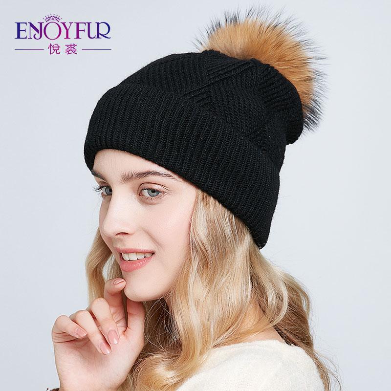 Мягкие зимние шапки ENJOYFUR для женщин, шапка с помпоном из натурального меха, теплые шерстяные шапки с напуском для женщин, модные женские шапки Skullies