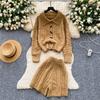 Autumn Winter Women Casual Knitted Twist Sweater Pant Two Piece Set Lapel Horn Button Cardigan Jacket and Elastic Waist Shorts Tracksuit