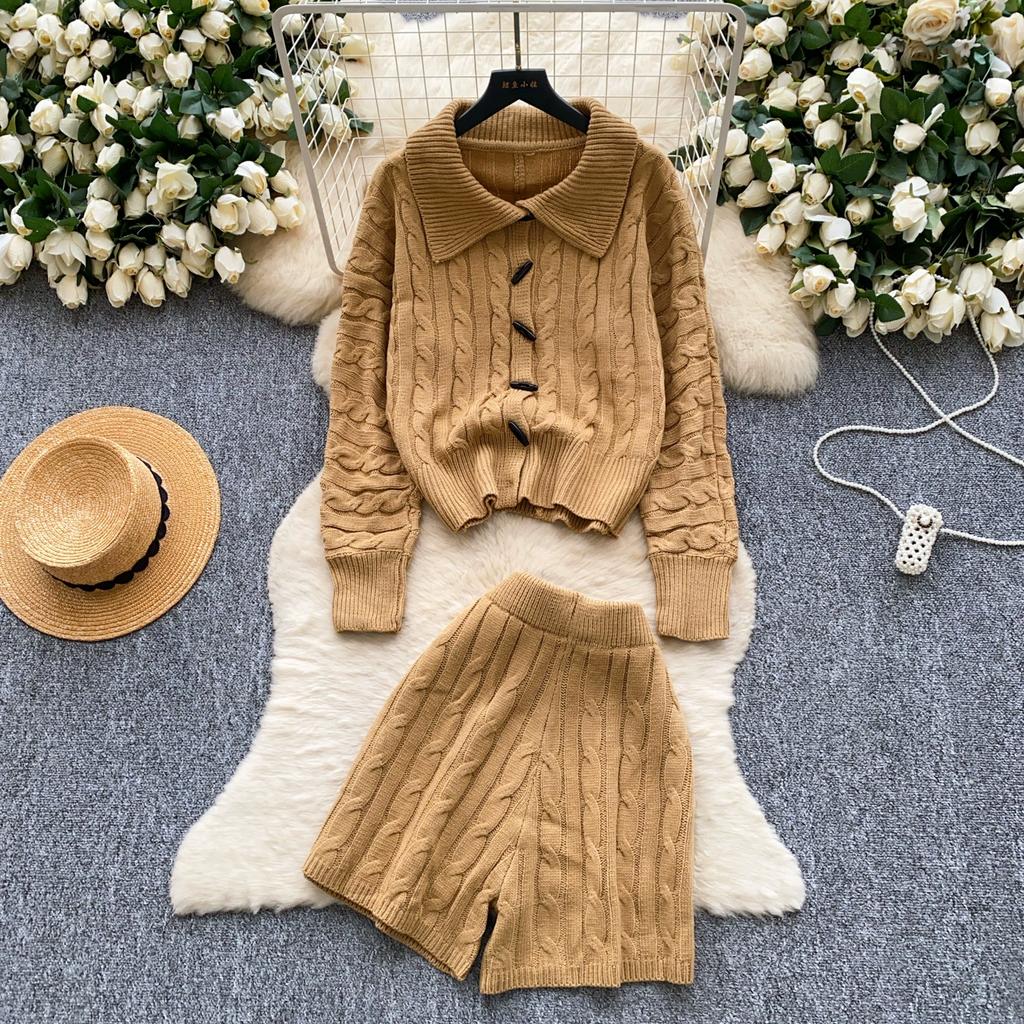 Autumn Winter Women Casual Knitted Twist Sweater Pant Two Piece Set Lapel Horn Button Cardigan Jacket and Elastic Waist Shorts Tracksuit