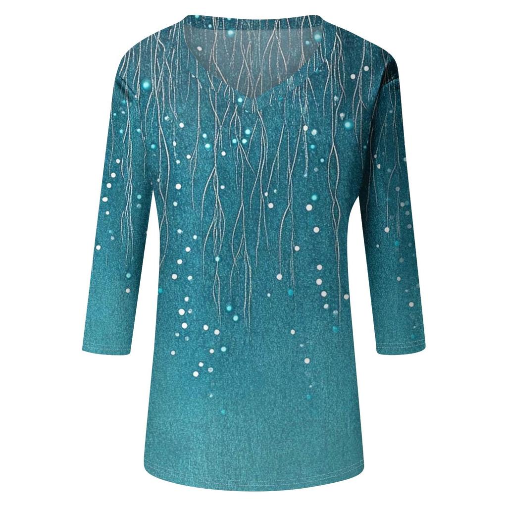 Women's Tops Three-quarter Sleeve Shirt V-neck Loose Casual Shirt Floral Print T-shirt