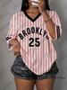 Oversized T Shirt For Women V-Neck Short Sleeve Summer Stripe Brooklyn No.25 Print Sports Tops Casual Football Jersey Y2k Tees