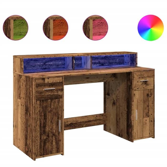 VidaXL Bureau avec lumières LED vieux bois bois d'ingénierie, bureau de travail, bureau d'étude, bureau à domicile, bureau 3309427