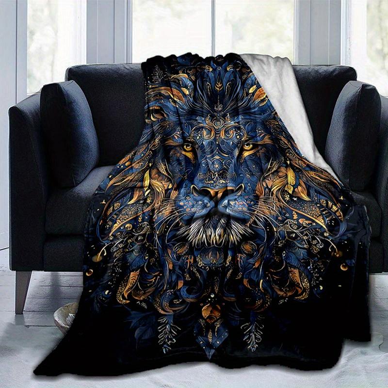 1pc Blue and Gold Ornate Lion Portrait Blanket Soft and Cozy for All Seasons, Living Room, Travel, Camping, Car Blankets
