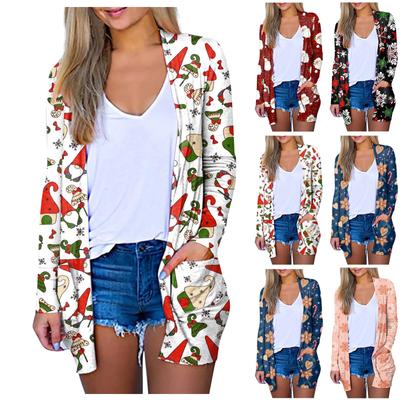 Женская модная повседневная куртка-кардиган с рождественским принтом средней длины, пальто