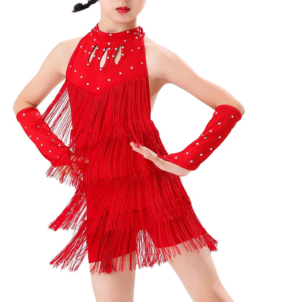 Костюм для девочек для латиноамериканских танцев сальса, многоуровневый купальник с кисточками, бретелькой через шею, без рукавов, со шнуровкой на спине, бахромой и перчатками