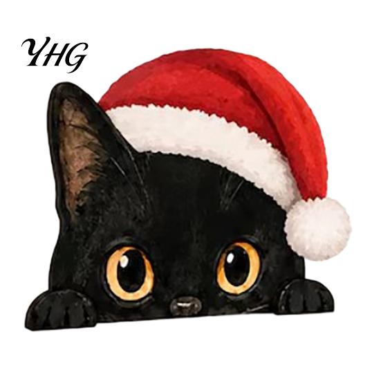 Wooden Animal Craft Cute Cat Shelf Sitter, Christmas Hat Peeking Desk Figurine, Funny Scene Accessories Sign, Lover Gift for Holiday Home Office
