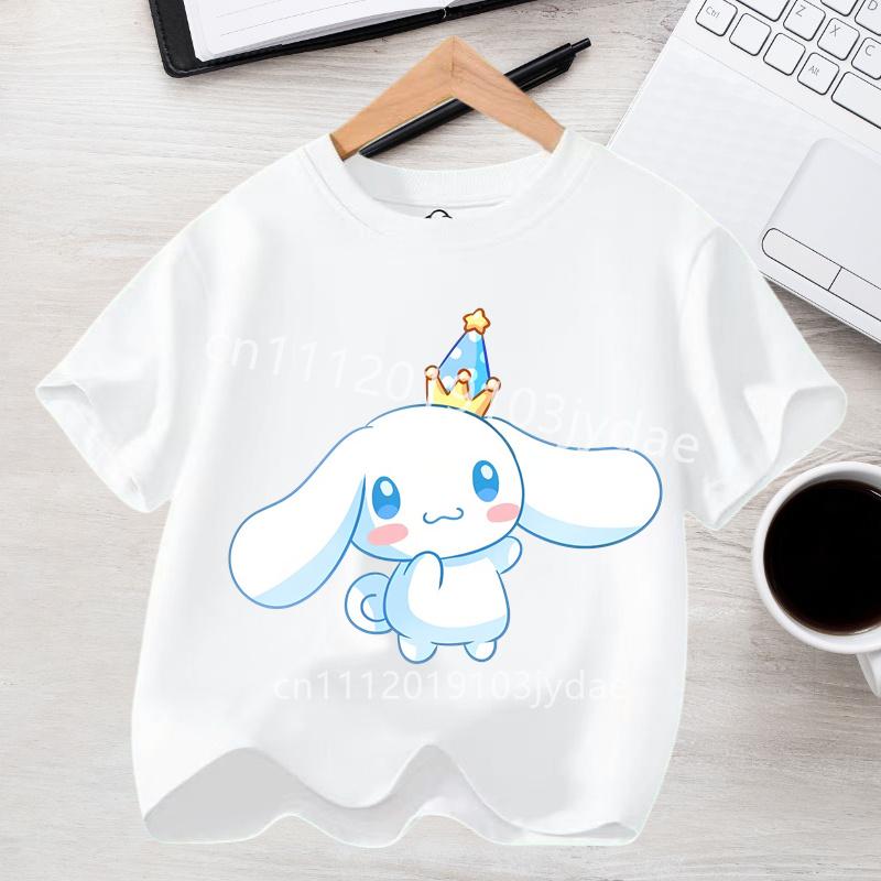 Летняя повседневная одежда 2026 Kawaii Подарок Милый Киннаморолл Девочка Футболка Хлопок Аниме Принт Футболка Детская с коротким рукавом Уличная одежда