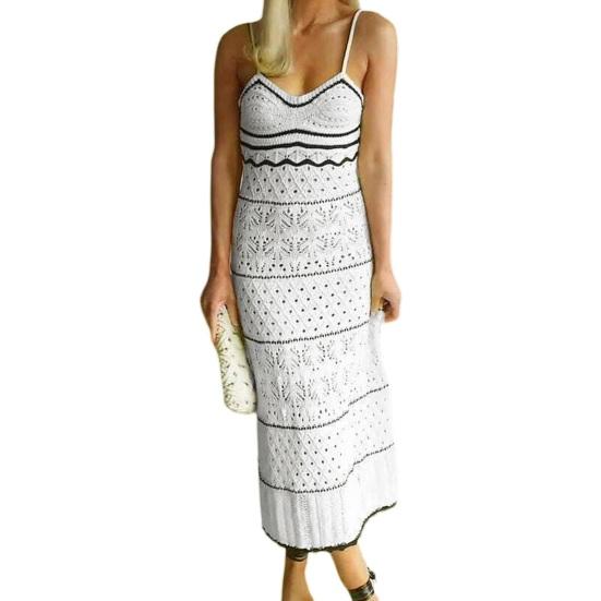 Women's Crochet Sleeveless Long Dress Spaghetti Strap Eyelet Striped Midi Dress Summer Beach Knit Cami Dresses