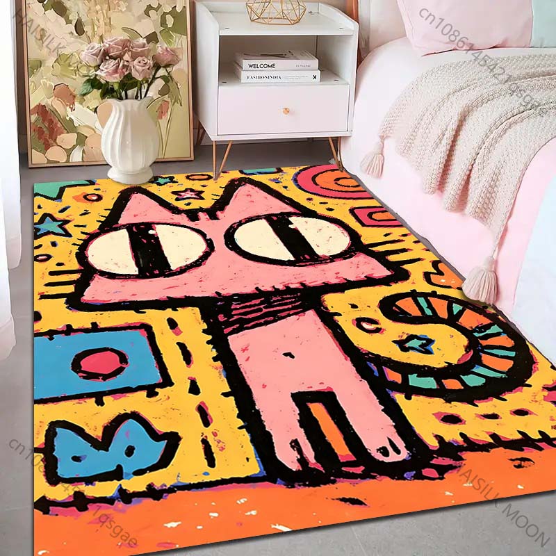 Multiple sizes Colorful cartoon cat artwork Carpet for Living Room Bedroom Sofa Home Decor Rus Non-slip Floor Mat Luxury Gift