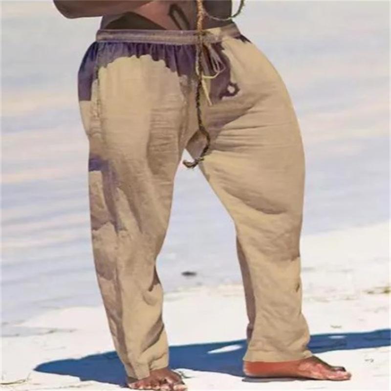 Men's Cotton Linen Solid Colour Drawstring Breathable Outdoor Daily Loose Straight Trousers