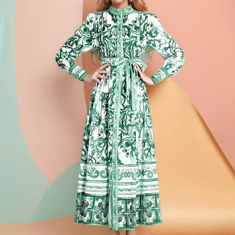 Европейско-американская женская мода длинное платье с принтом и рукавами-фонариками, V-образным вырезом, завязывающимся на талии, отложным воротником, длинным рукавом