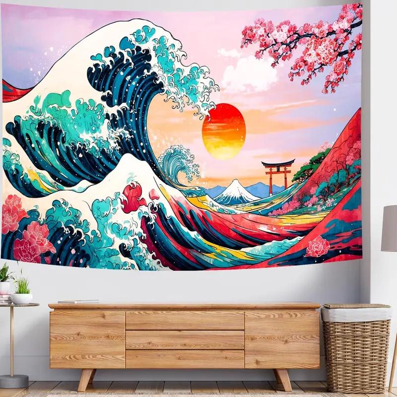 Great Wave Tapestry Japanese Kanagawa Ocean Cherry Blossom Wall Hanging Aesthetic Tapestries for Bedroom Decor