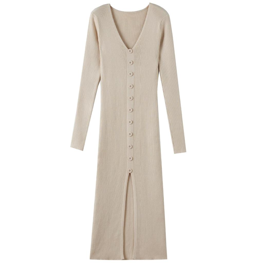 Платье миди с V-образным вырезом, разрезом, однобортное, вязаное, облегающее