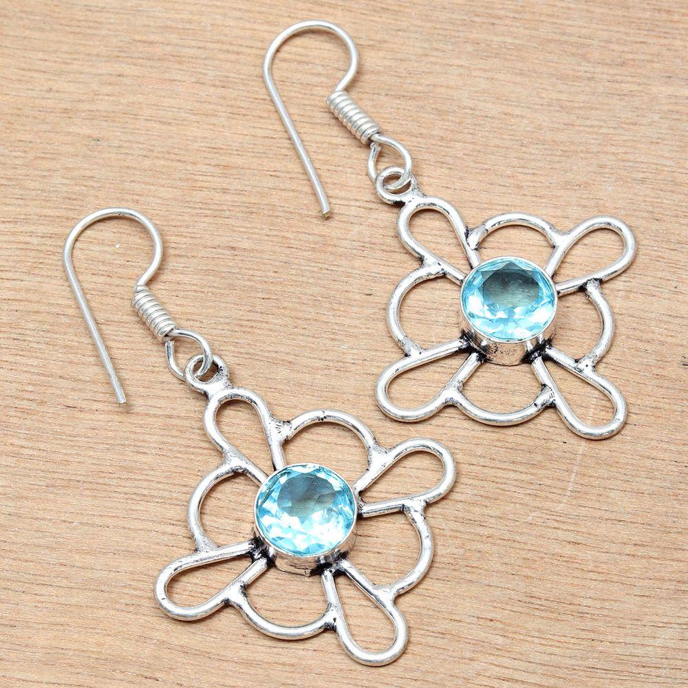 Swiss Blue Quartz Gemstone Gift For Her Silver Jewelry Earrings 1.5''