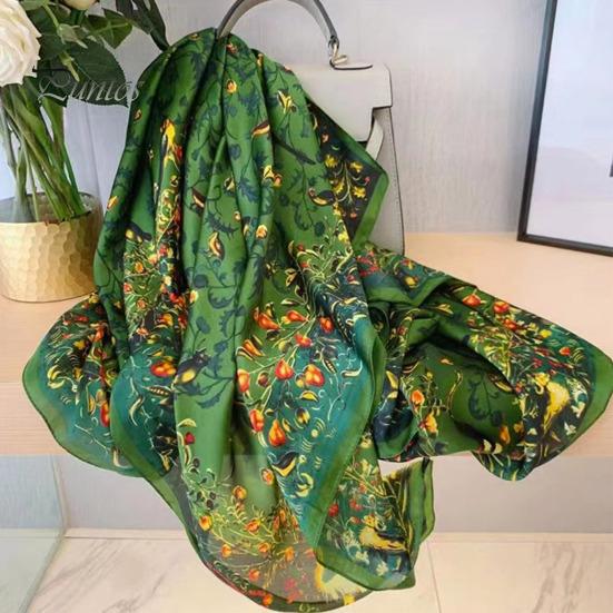Rectangle Shawl Sunscreen Exquisite Faux Silk Scarf Women Green Printed Peacock Pattern Costume Accessories