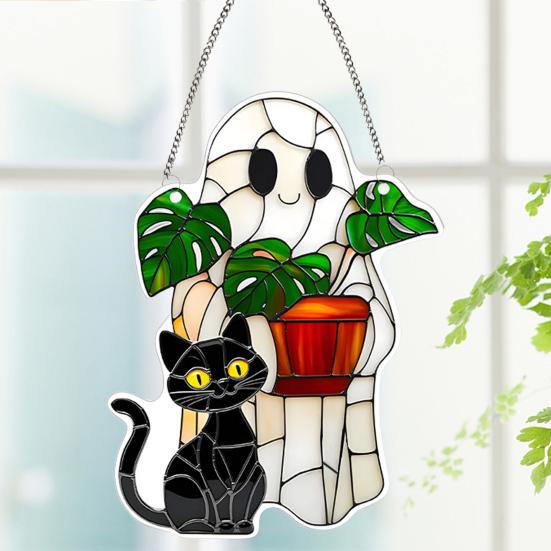 Halloween Ghost Black Cat Suncatcher Hanging Decoration Indoor Outdoor Home Garden Wall Window Hanging Stained Glass Acrylic Ornament Pendant