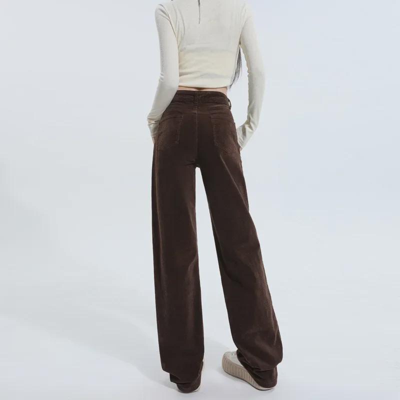 Женские коричневые вельветовые брюки широкого кроя: Высокая талия, ретро-стиль для мытья полов на осень и зиму