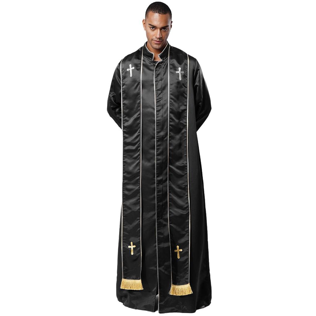 Мужской костюм священника мантия стойка воротник длинный рукав молния спереди золотой крест ряса облачения католический Хэллоуин косплей