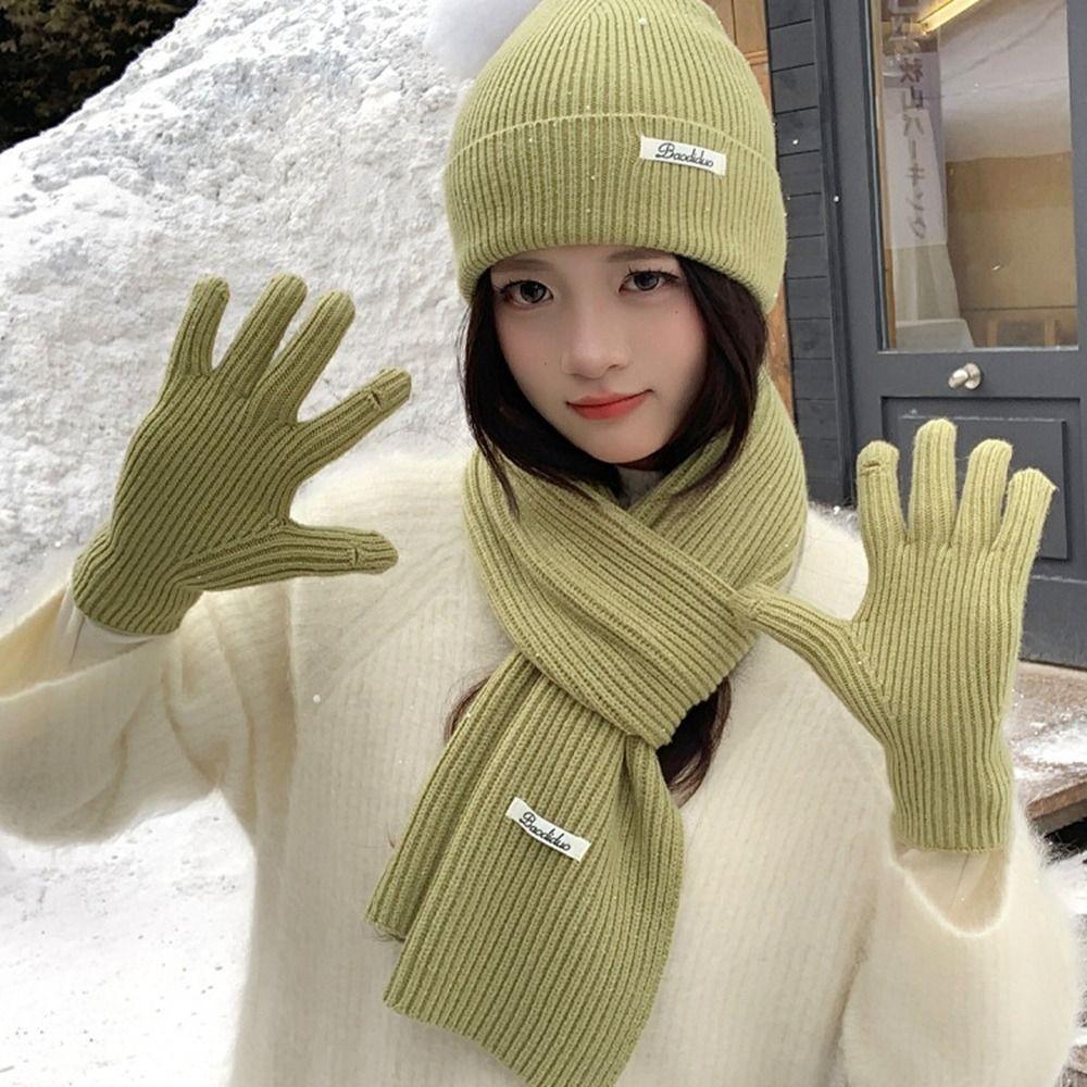 Solid Color Hat Scarf Gloves Set Warm Winter Beanie Hat Neck Protector Thermal Knit Cap  Skiing