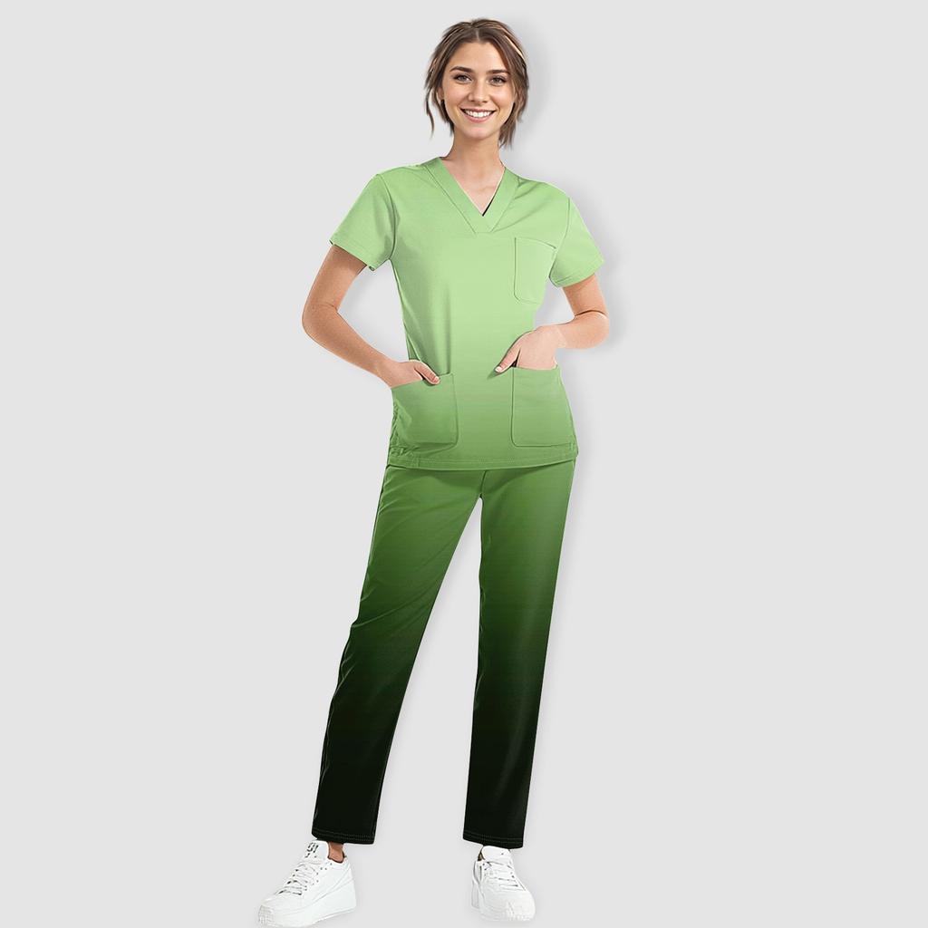 Women's Short Sleeve V Neck Gradation Chest Pocket Work Top Elastic Waist Pants Two Piece Work Set,3 Pockets,Scrubs Tops For Women