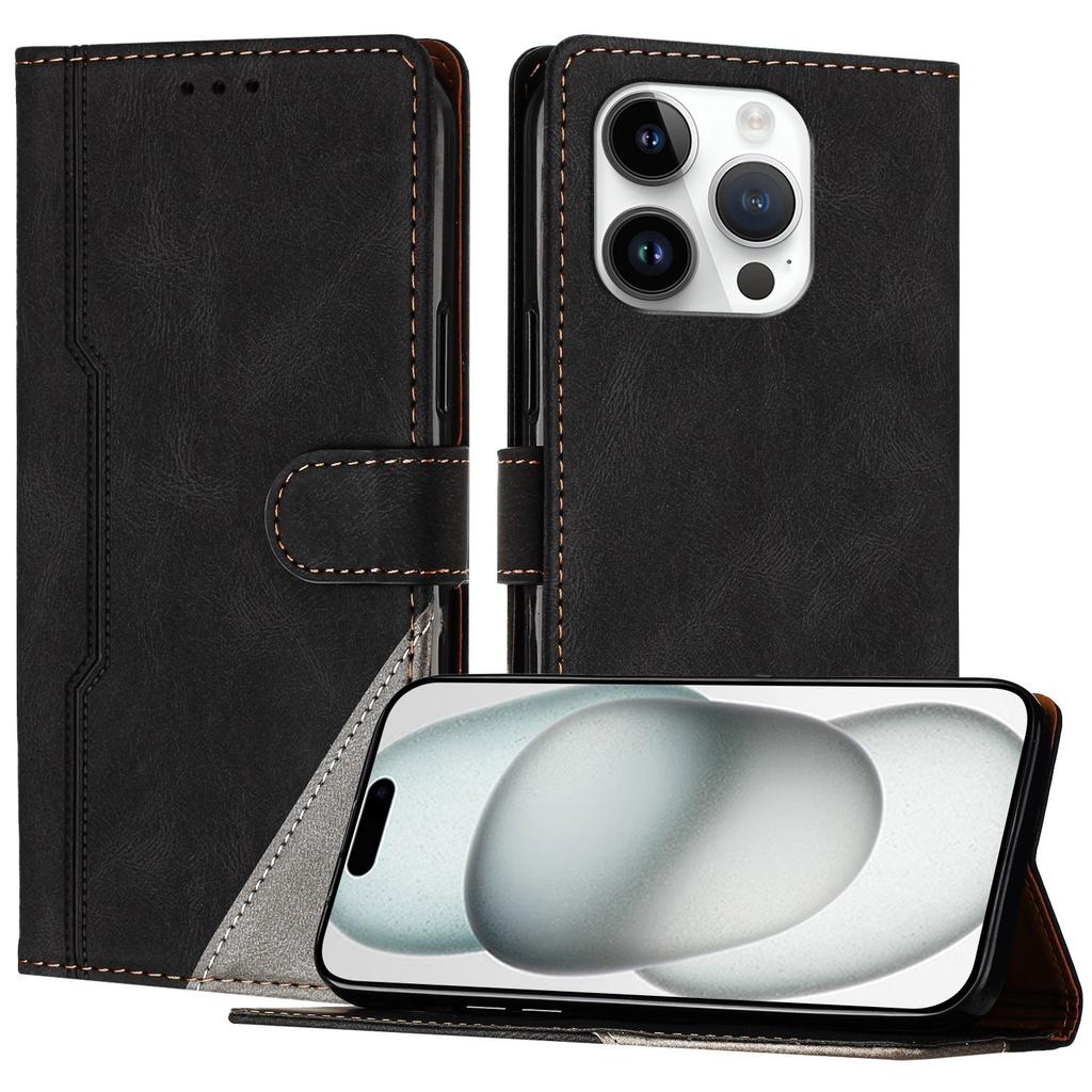 For iPhone 15 Pro Leather Case Triangle Patchwork Wallet Stand Shockproof Phone Cover