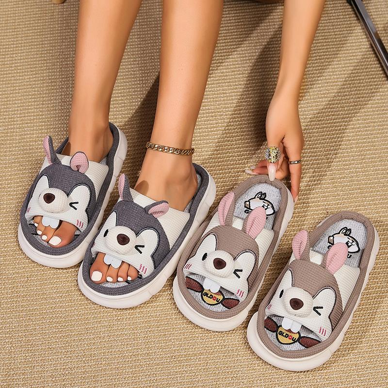 Летняя домашняя обувь из хлопка и льна, тапочки с толстой подошвой, милые домашние тапочки из хлопка и льна с рисунком для женщин