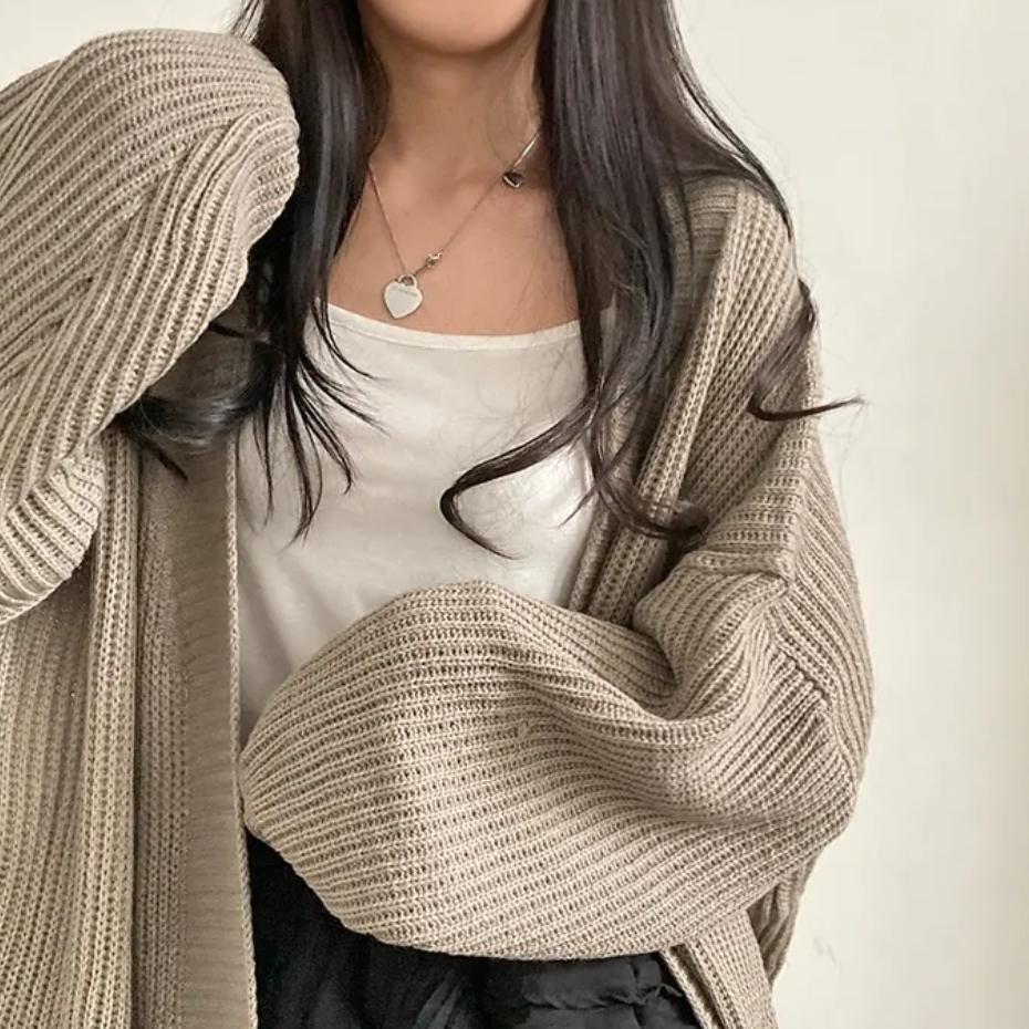 Женский кардиган средней длины, повседневный, вязаный - Осень и Зима, однотонный, свободного кроя, универсальный свитер чулочной вязкой