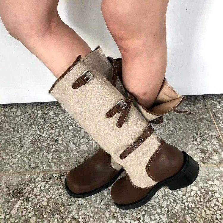 Cowboy boots square head thick heel wind big tube circumference belt buckle splicing knight boots women's loose Korean western new