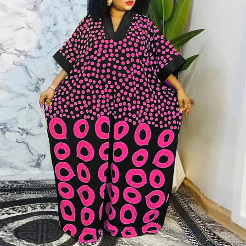 Oversized Women V Neck Half Batwing Sleeve Polka Dots Print Casual Loose Maxi Dress