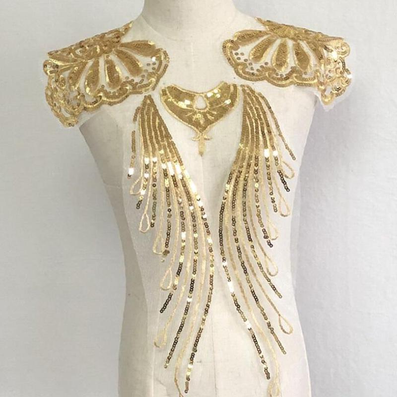 1 Set Gold Sequin Lace Fabric Appliques Embroidered Sew Patch For Wedding Decoration Dress DIY