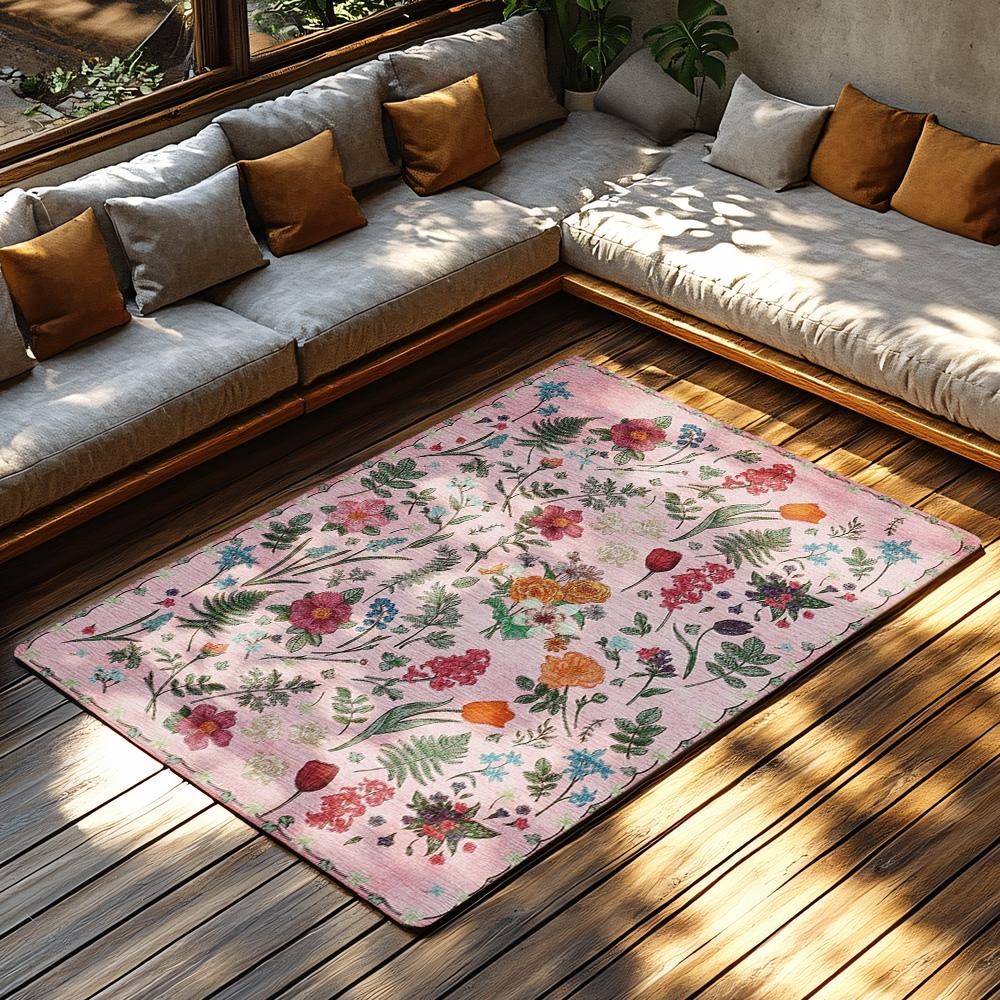 Pink Floral Bohemian Area Rug, Flower Pattern Non-Slip Carpet, Soft Living Room Mat for Cozy Home Decor