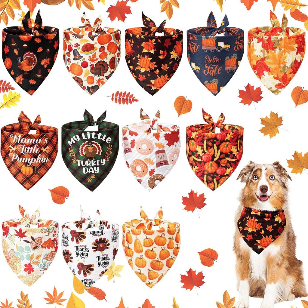 Xuniea 12 Pieces Fall Dog Bandanas Thanksgiving Day Bandanas for Dogs Maple Leaf Pumpkin Patterned Autumn Pet Triangle Kerchief Scarf Bibs for Small