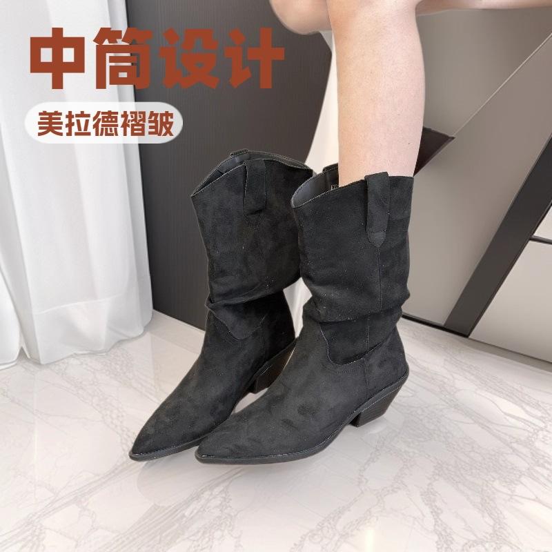 Грубый каблук плиссированные ворсовые ботинки средней высоты рыцарские ботинки женские 2025 осень и зима новые западные тонкие тонкие рыцарские ботинки