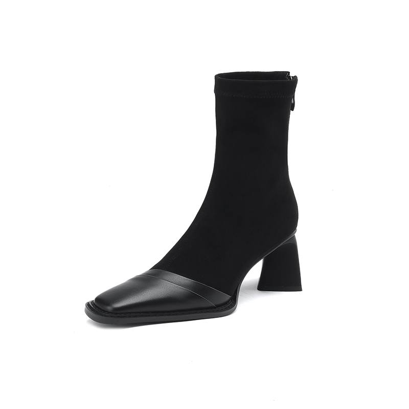 Krazing Pot Зимние эластичные ботинки из флоковой коровьей кожи с квадратным носком на толстом высоком каблуке и молнии, женские однотонные ботильоны