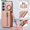 For Samsung Galaxy S25+/S24+ Leather Back Cover Zipper Wallet Kickstand Phone Case with Shoulder Strap